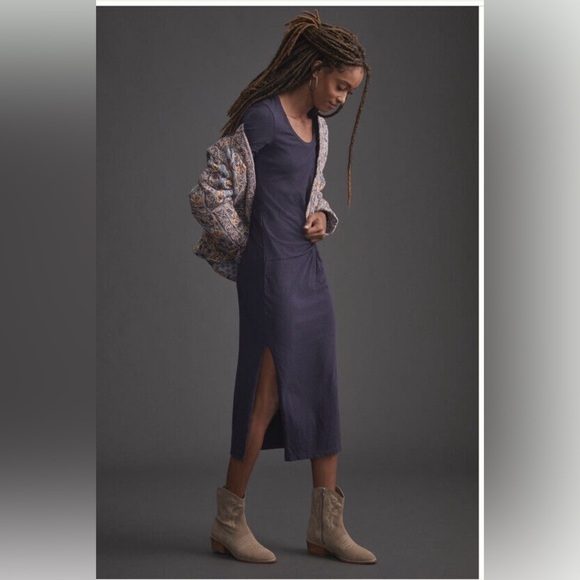 ANTHROPOLOGIE Sundry Twist-Front Side Slit Navy Blue Long Sleeve Midi Dress 2/M - Picture 3 of 12